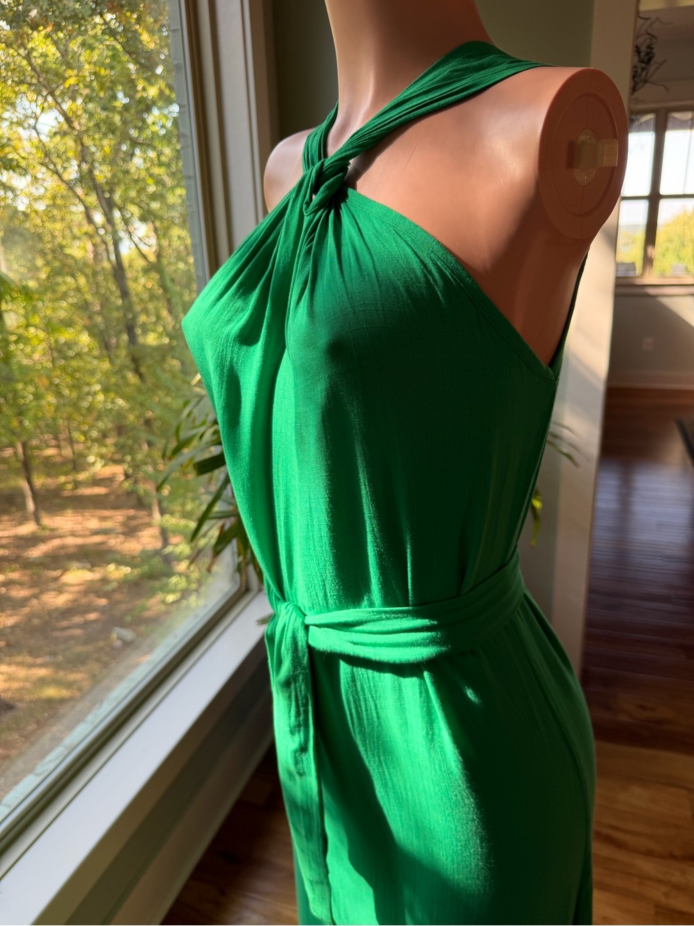 Never Worn Cotton Green Knot Halter Maxi Dress, XS/SM
